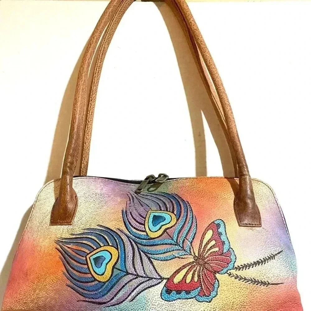 Anuschka hand painted multicolor leather satchel handbag